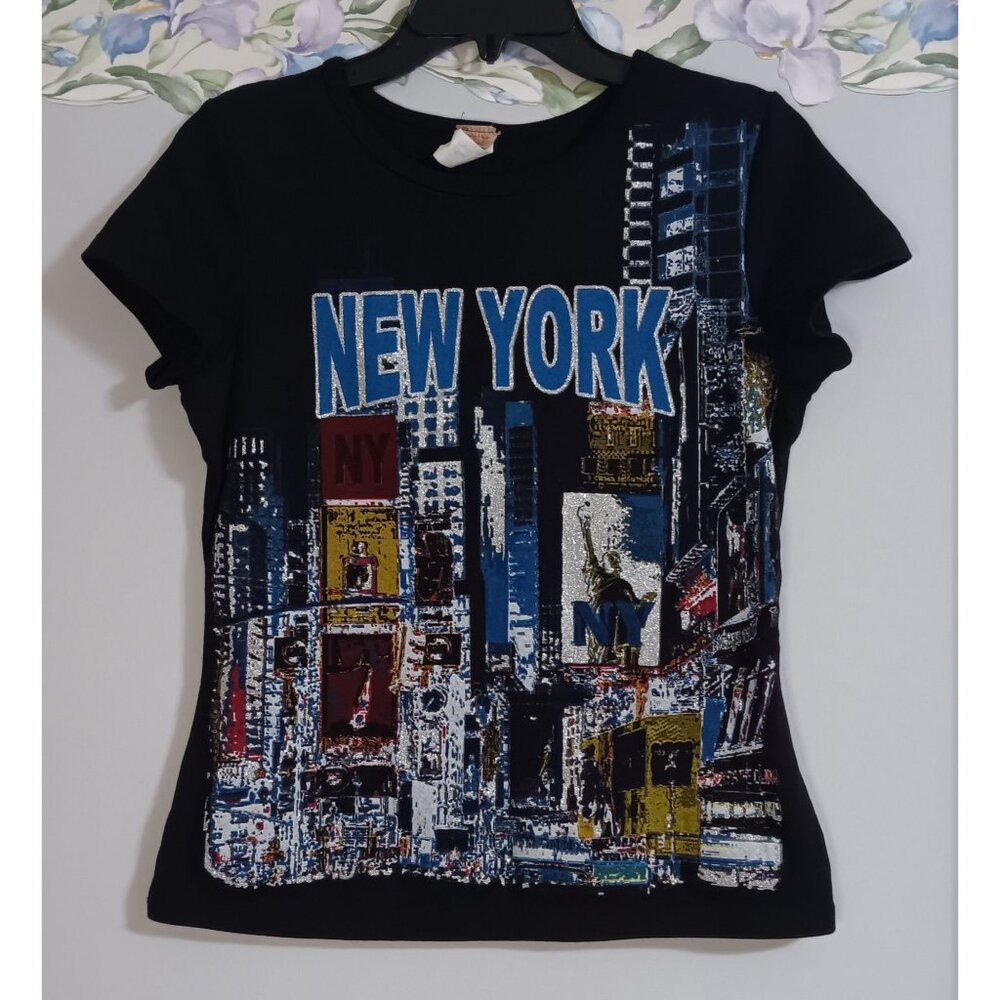 Big Bang Black Large Vintage New York City Classic Shimmer Stretch Retro Top